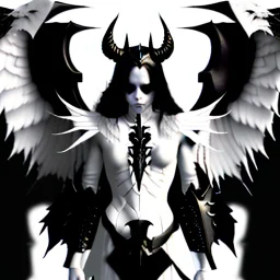 angel, demon, angel demon hybrid, half angel, half demon, black angel wings, white demon wings, black and white, balance, horns, armor, noble clothes, black and white armor, black and white clothes