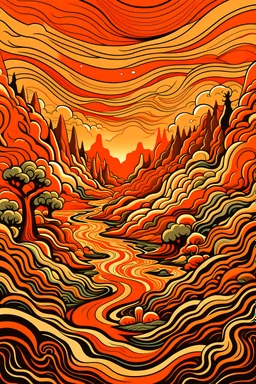 this is the poster for the film 'i can't be everywhere', in the style of intricate psychedelic landscapes, hyper-realistic animal illustrations, dark beige and orange, simplistic vector art, surreal 3d landscapes, detailed hunting scenes, flowing lines