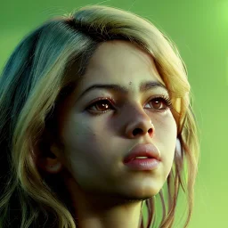 Shakira, artist, 30 years old, Realistic image, waist up portrait, kenzo style. loose long hair, eyes make up, perfect, glow, circle iris. concept art, smooth, unreal engine 5, god lights, ray tracing, RTX, lumen lighting, ultra detail, volumetric lighting, 3d, finely drawn, high definition, 4k.