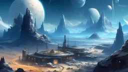 Lunar landscape of an expanding colony, digital painting of a bustling futuristic settlement on the moon.