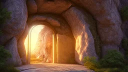 huge illuminated doorway in a rock wall in the side of the mountain