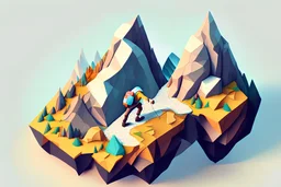 An adventurer climbing a mountain in isometric view
