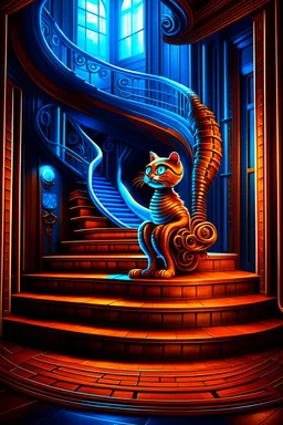 chat robot creating crazy revenue in the style of escher and giger, spray paint, photo realism, trending on art station, 8k, depth of field, down light, light rays, volumetric, reflective spiral staircase, blue, brown and orange