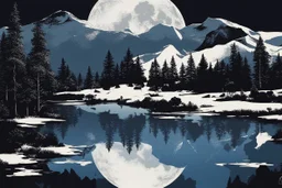 black, blue and white colors, fullmoon, pond, mountain, forest