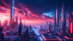 A landscape of a futuristic city at dawn, with blue tones and red neon lights. It has some clouds in the sky, cinematic, unreal engine, 4K UHD image, octane render, very intricated details