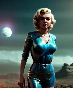 Ultra Realistic retro sci-fi 1960 scene, waist up view portrait, blonde woman, sweet young Marilyn Monroe face, perfect iris, tight latex coat, alien planet background, tight style, steel sphere dron levitating, fog, rain, soft color, highly detailed, unreal engine 5, ray tracing, RTX, lumen lighting, ultra detail, volumetric lighting, 3d, finely drawn, high definition, high resolution.