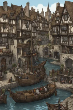 gothic medieval harbour with ships, piers, houses, shops, inns, balconies, plants, people, market