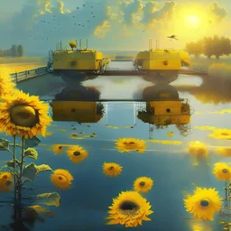 yellow water of lake with bridge of sunflowers and tanks and in fuggy sky with dim sunlight