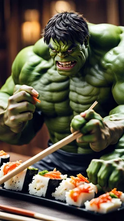 a hulk eating sushi with chopsticks, photo, 8K UHD,