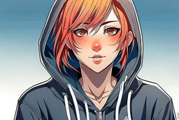 An anime young adult female with medium length bright red hair, she has brown eyes, wearing a black hoodie, realistic, slight smile