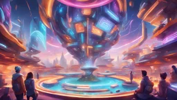 a vibrant digital artwork depicting a world of boundless possibilities and abundance, showcasing a community actively engaging in a game-like system based on Merit and Effort. The artwork captures the excitement and fun of this system, highlighting individuals progressing through rewarding levels and enjoying easy access to higher privileges. The visual style is modern and dynamic, featuring a futuristic aesthetic with sleek technology and vibrant colors. The scene showcases a bustling urban env