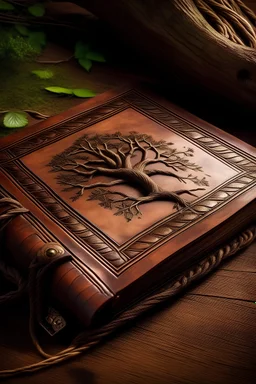 brown leather bound book, an oak tree is embossed on the front cover, a compass of the 4 elements is embossed on the fron cover, the book should look old and mystic, possibility to be locked by a buckle