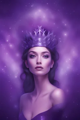 a woman with a purple crown, looking up at the viewer in a beautiful purple sparkly background, abstract and fantasy art