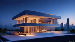 A stunning 3D visualization of a futuristic villa in Dubai, set against a backdrop of the citys iconic skyline. The modern architectural design features a combination of glass, steel, and geometric shapes with an elegant, minimalist interior. The evening illumination of the facade casts a mesmerizing, colorful glow that highlights the villas unique contours. The scene exudes a sense of luxury and sophistication, with the citys skyline reflecting the towering architecture and vibrant city life.