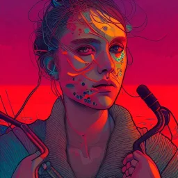 singer Danish MØ face, Camera., concept art, hyper detailed, asaf hanuka, dan mumford, kilian eng, post-apocalyptic, oil on canvas