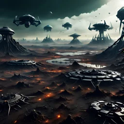 Dark alien landscape being ripped up by terraforming machines. Landscape torn up. Some spaceships in the distance. Some swampy landscape. Drones fly around.