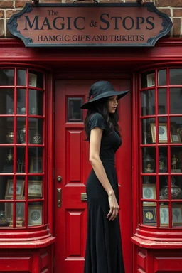 Photorealistic image of a slender, young woman with dark hair, in a witchy, black dress, no hat, leaning back against a shop door with red-painted, large, multi-paned windows on either side of a red-painted multi-paned door. Walls made of brick. The shop is selling magic gifts and trinkets. Large sign over the door.