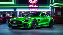 Green Mercedes GTR AMG, in front of stripclub, SuperSport car, impressive, VIP, award winning, detailed