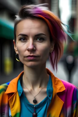 Frau, 32-jährig, realistische Haut, realistische Haare, ernsthafter Blick, farbige Kleidung in einer modernen Stadtumgebung