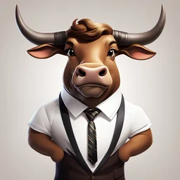 Royal Game casino cartoon rendering in hwst artstyle (pure white studio background:1.3) brown bull with horns with a soft smile, wearing a white shirt and black tie.