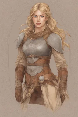 A drawing of beautiful woman with blond hair, viking braids Brown leather armor. Horse