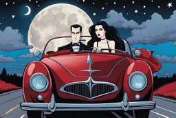 close up illustration from a surreal comics caracter vampire couple (pale skin, dark hair, black-dark red nice gothic clohts) riding a sport coupe car, driving toward you in Summer night,they looking at camera, Tim Burtron and El Kazovszkij style , blue sky with moon and stars. They driving down a surrreal crepy stunning scenic , surrounded by black trees siluette, high detailed, cold silver and dark colors, intricate details, beautifull shot, pale lights, surreal mood, anime, cinematic