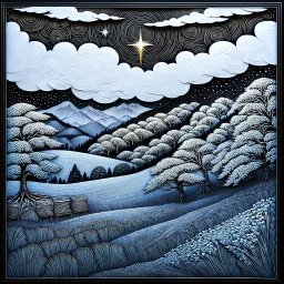 Vibrant, whimsical Mandelbrot fractal, winterly Tuscany landscape with frosted cypress trees, mountains, one single shooting star between clouds of silver and gold, richly textured acrylic ink and charcoal line art, in a zentangle style mix, blending Amanda Clark's fantastical elements and Catrin Welz-Stein's intricate details with Eyvind Earle's subtle earth tones and Georges Braque's bold geometri