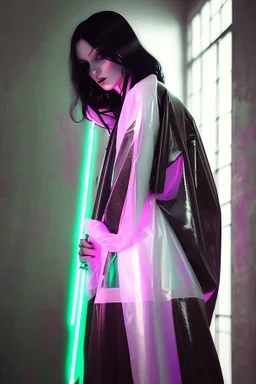 painting by koson ohara and marta bevacqua, portrait of a beautiful goth woman with long black hair, wearing a plastic raincoat, purple neon lighting, 8k, high quality, highly detailed