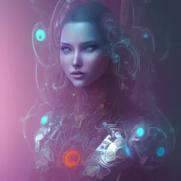 a beautiful and colorful facing portrait of one cyber punk woman shiva in 3D rendering with a mandala background blue and orange color scheme