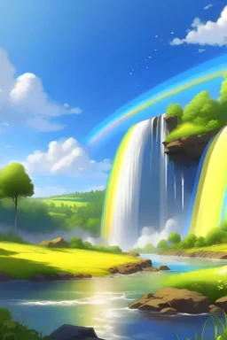 Un paisaje realista de un día soleado, de fondo una catarata y el arcoiris