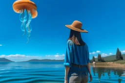 woman standing next to a lake looking at flying mushrooms, with jellyfish tenacles in a blue sky