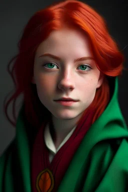 A girl with red hair and green eyes and she is wearing a Hogwarts robe