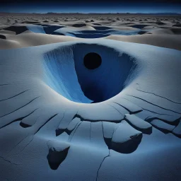 Surreal Blue desert with weird blue sinkholes, Monochrome Blue color scheme, midnight blue night sky casts a blue pall over the desert, strange shaped blue rock croppings, variant blue hues and shades creating contrast, blue moon emanating increasingly fainter blue concentric circles onto the desert, high contrast, different contrasting textures, surrealism reminiscent of Kay Sage, dark, blue!!!