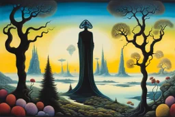 silhouette from an alien hybrid around Ethereal whimsical flower and trees, weird alien land, surrealism Salvador Dali matte background melting oil on canvas detailed matte painting sinister by Greg Rutkowski , klee, bosch, dark colors