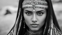 photo of a beautiful straight hair amazigh warrior women black and white face