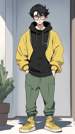 generate a tall guy with green eyes, black short hair, black rectangular glasses, plump lips, wide shoulders, in a black sweatshirt, black pants with pockets on the hips, yellow short socks, in black sneakers, wide shoulders, the guy is crying