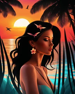 Stunning conceptual beach scene illustration in the silhouette of a woman's face. Beach with vibrant colors, sunset sky and coast with palm trees. Cinematic black background, looks like a window to a tropical paradise.12k 3D HD hyper-realistic Image quality CodeFormer AI 12K, cute flower fairy with bright wings like morning dew, flutters from flower to flower. Hair in curls, adorned with petals and pollen, mysterious phoenix woman, her silhouette made with interconnected and integrated elements