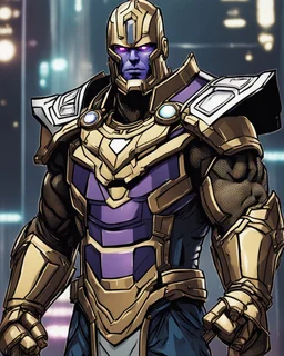 An armor made of a mixture of steel and leather, worn by a strong commander with magical power K's infinity gauntlet has six infinity stones While standing on a majestic height from afar