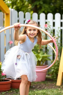 a pretty 7 years old girl with blue eyes and nice dress and shoes play hula hoop in children play garden