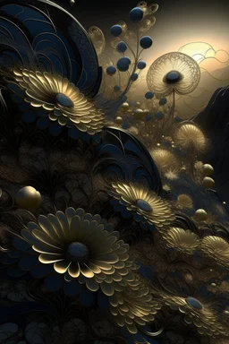 cosmos, scale, phantasmagoria, golden city in space, white, beige, black, blue transparent flowers with gold edging in front, sunset, cascade, fractal, glitter, clear detailed drawing, grotesque, engraving, optical illusion, illustration, surrealism, realistic, beautiful, lumen, professional photo,beautiful,3d, realistic,64k, high resolution, high detail, digital painter1/500