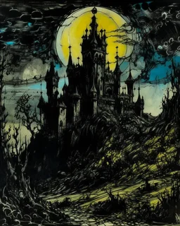 A black moon Arabian castle with shadow monsters painted by Claude Monet