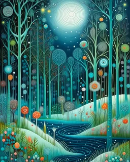 Whimsical landscape at night painting Embroidery by Flora Bowley and Jennifer Lommers and Enki Bilal heavenly intricate forest Minimalist filigree Snowy Dee Nickerson sterne very delicate lines Zen lines serene, twilight forest bathed in blue hues, featuring tall, slender trees and a tranquil pond reflecting colorful flowers and glowing orbs, evoking a dreamy, magical atmosphere.