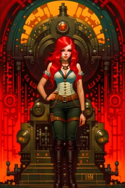 full body and headshot of a skinny young woman, with long straight red hair, standing in a steampunk setting, Frank Franzetta