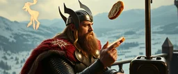 Movie poster portrait. The mighty God Thor sees the toaster on a pole, spit out a warm bread. The bread is jumping over his head. In the style of Rembrandt and "Gods of Fallout 4". He is sitting on the balcony of his castle, with a great view over the frozen valley. He is trying to grab the bread quickly.