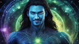 beautiful gorgeous young man na'vi with long hair, Avatar, blue skin, two small ears, green eyes, black hair, in cosmic suit, galactic ambiance, medium pointy goatee , smiling, nebulas and sacred geometry light figures on the backgroud,