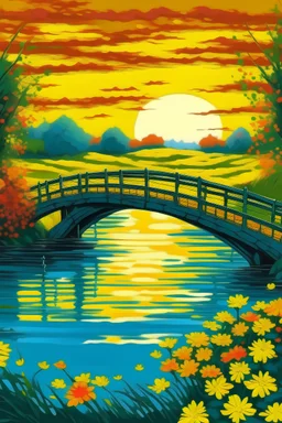 fazer uma obra artística do impressionismo com uma ponte japonesa em cima de um rio com flores e girassóis no por do sol
