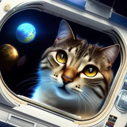 hyper-realistic flying astronaut looking at cat inside spaceship window, 8k resolution, high-quality, fine-detail, detailed matte, intricate, 3D octane render, illustration, digital art, brian froud, howard lyon, anna dittman, greg rutowski,