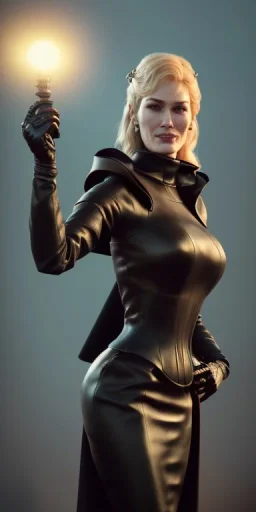 Cersei Lannister as evil mistress in black leather, dominatrix, bdsm, busty, cleavage, curvy, lena headay, angry, stern look. character design by cory loftis, fenghua zhong, ryohei hase, ismail inceoglu and ruan jia. unreal engine 5, artistic lighting, highly detailed, photorealistic, fantasy