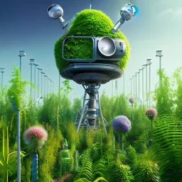  scientist standing by cell tower overgrown with plants, spray paint art, 3d,pixar