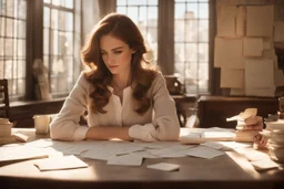 A pretty brown-haired woman sits in front of a table covered with handwritten letters, looking at them perplexedly, in an elegant room in the sunlight.